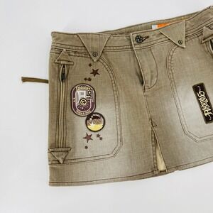Akdmks Mini Skirt Womens Small Brown Y2K Patch Star Embroidered Low Rise‎ Denim